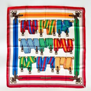 HERMES Paris Authentic 100% Silk Carre 90 J. Metz Les Sangles Rare Red Border